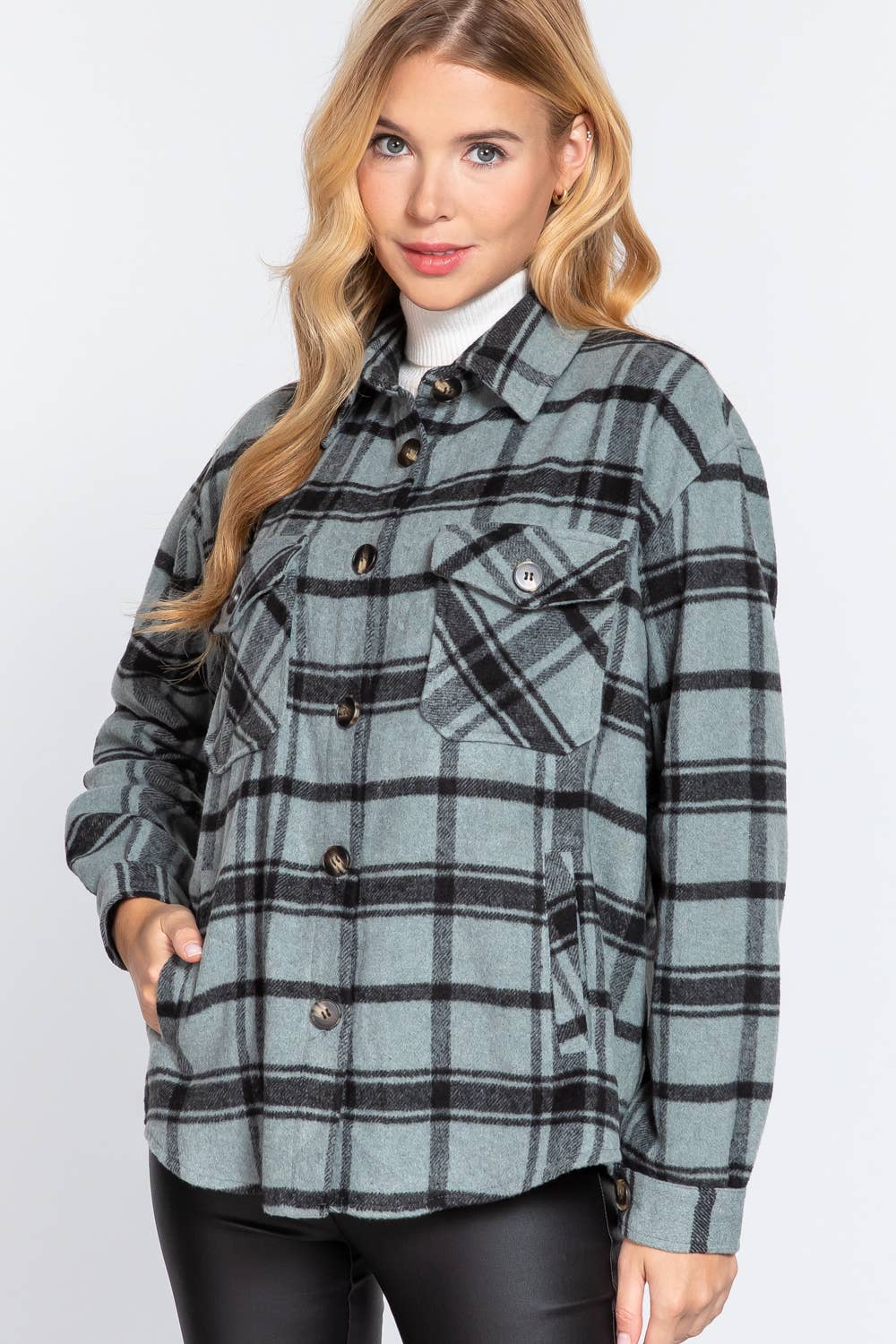 Active Basic | Active USA - Wholesale Shirt Jacket/Shacket - Women's - Long Sleeve Wool Blend Plaid Button Down Casual Jacket 17