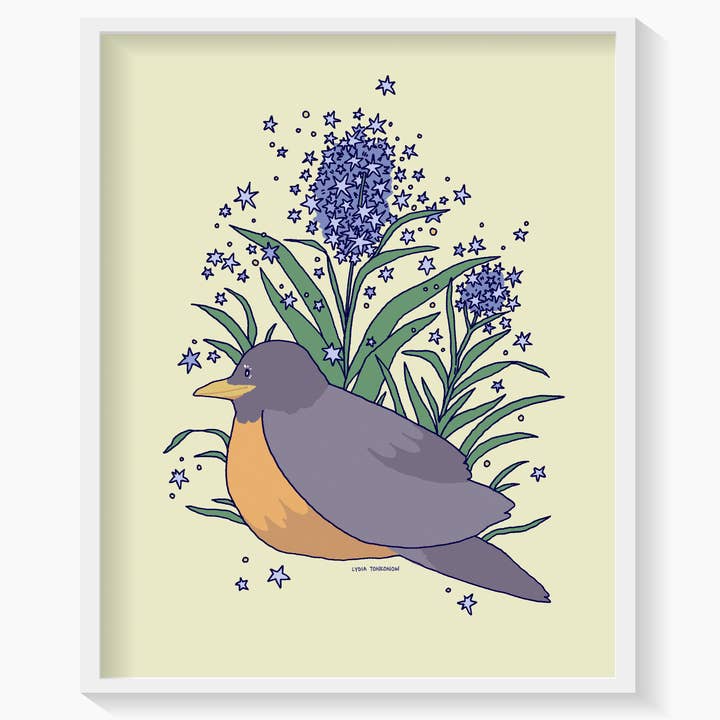 Lydia Tonkonow Art and Design LLC - Wholesale Art Print - American Robin and Amsonia Bluestar Flowers - 8x10" Print