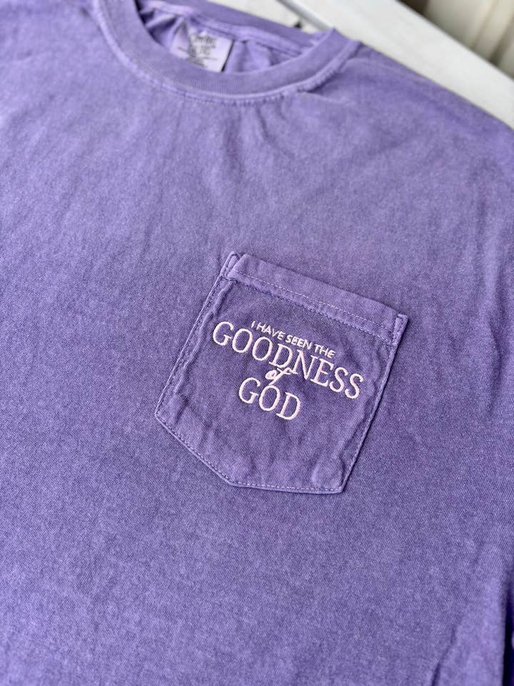 I have seen the goodness of God Embroidered Pocket Wholesale Tee for wholesale by Wills Creek Designs