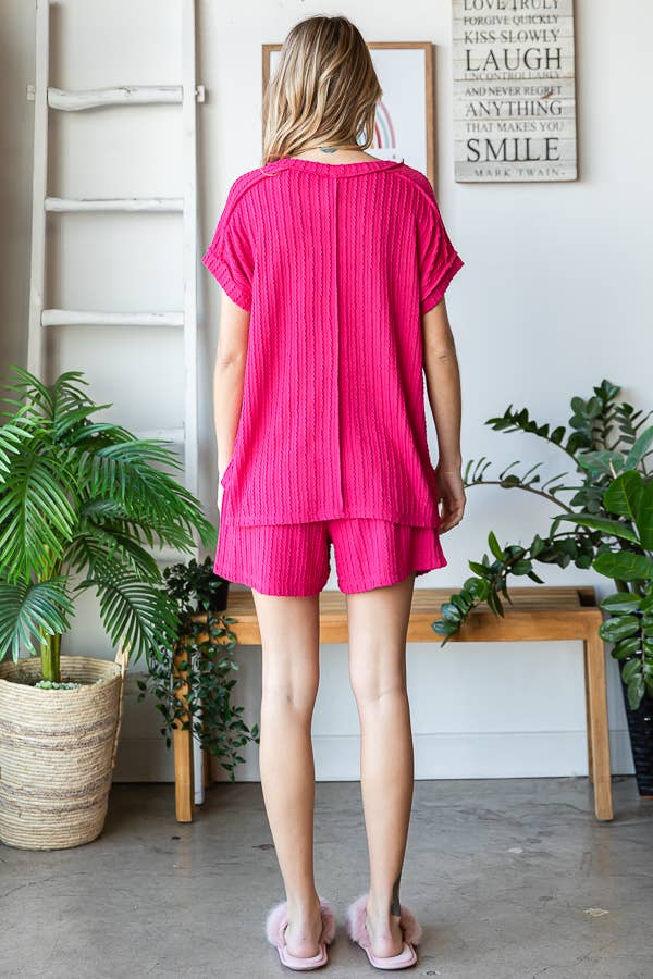 7th Ray - Wholesale Loungeset - Dames - Effen Getextureerde Korte Mouw Top en Korte Lounge Set TP549910