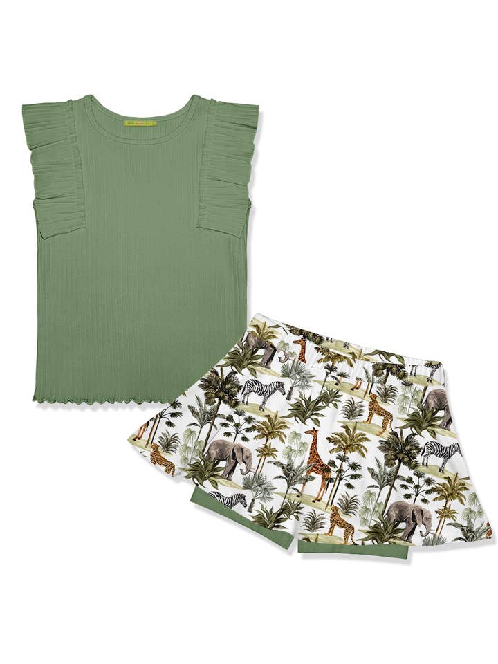 Girls Loden Ribbed Ruffle Sleeveless Top & Safari Skort for wholesale on Faire