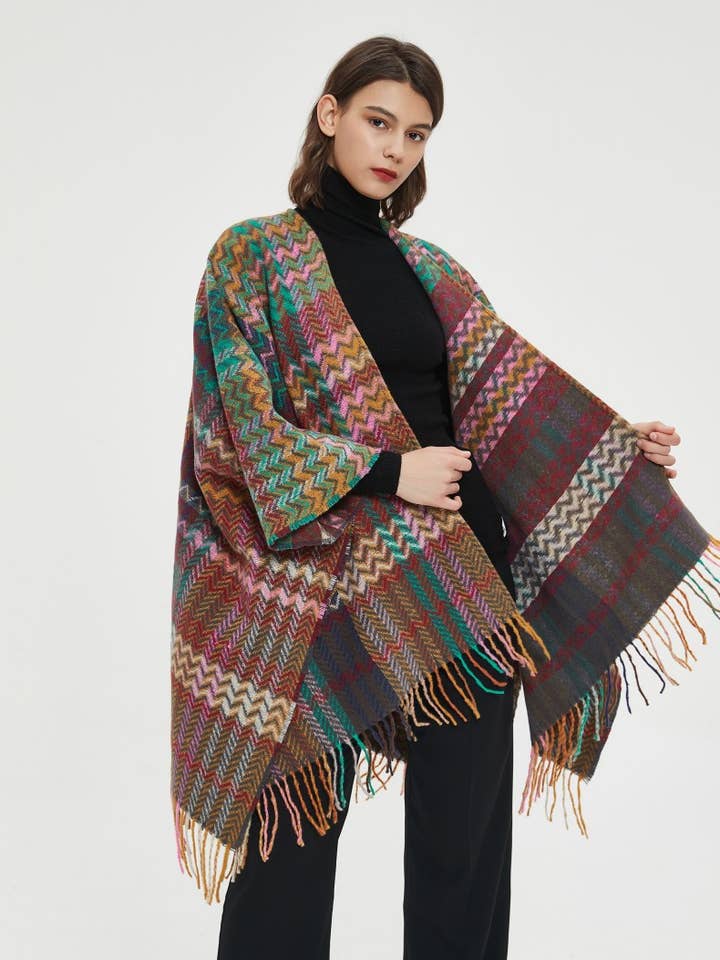 ePretty - Wholesale Poncho - Women's - Multi Color Chevron Printed Knit Wrap with Tassels Z1-PJP126