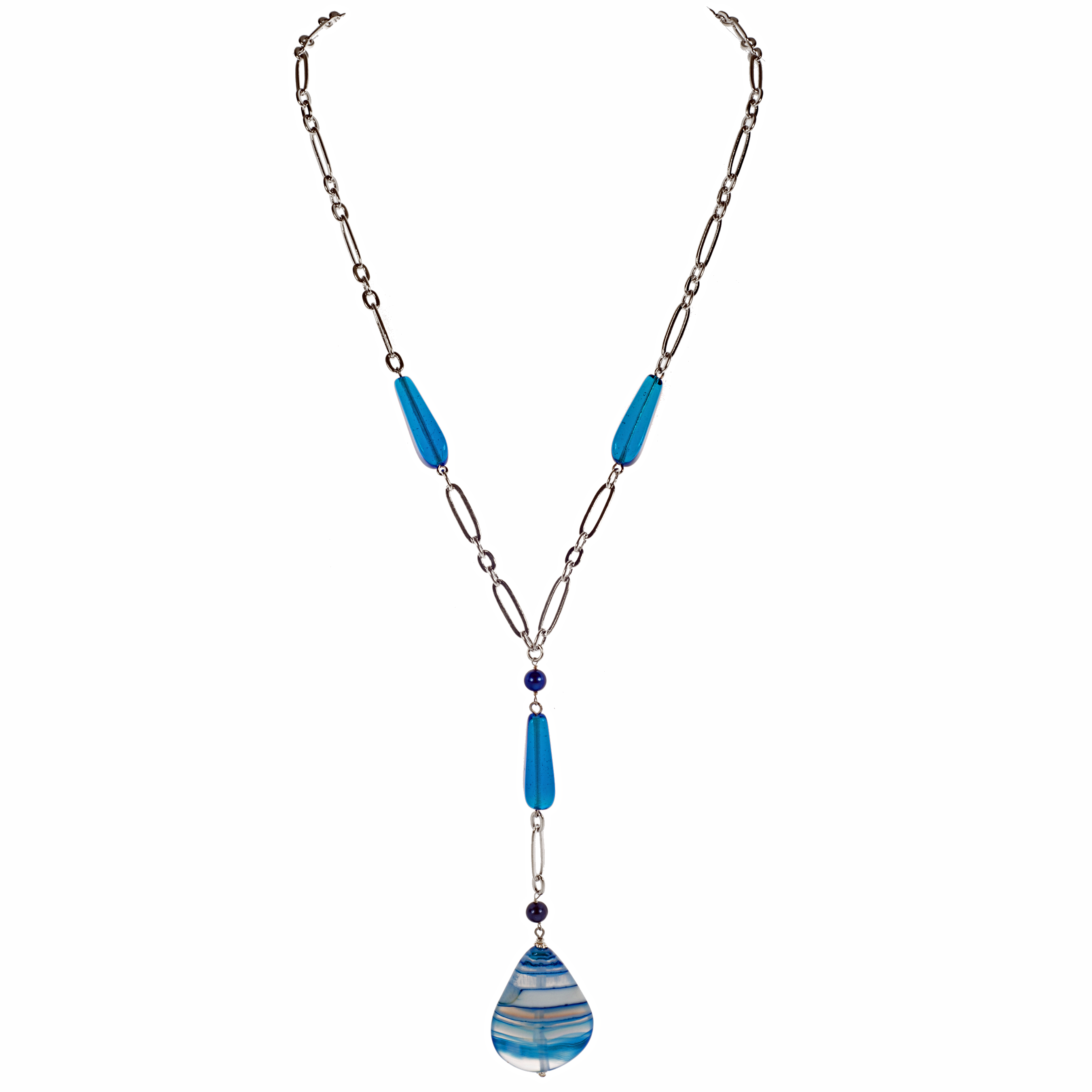 KJK Jewelry Inc. - Wholesale Pendant/Charm Necklace - Long Blue Banded Agate On Open Linked Chain  Necklace0