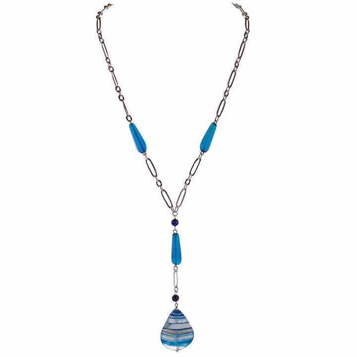 KJK Jewelry Inc. - Wholesale Pendant/Charm Necklace - Long Blue Banded Agate On Open Linked Chain Necklace