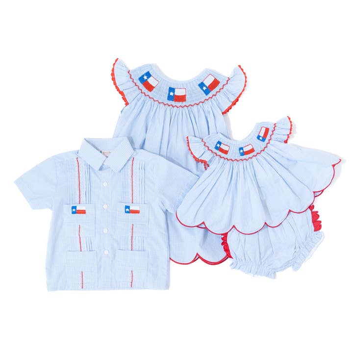 Boots & Bows Smocking Co - Wholesale Button Down Shirt - Kids - Boys Texas Flag Guayabera Shirt