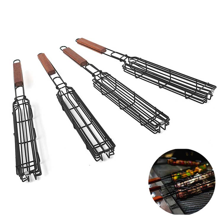 VIGOR - Wholesale Outdoor Grill Tools - Sausage Grill Tongs Rosewood Handle easy Flipping with cage14