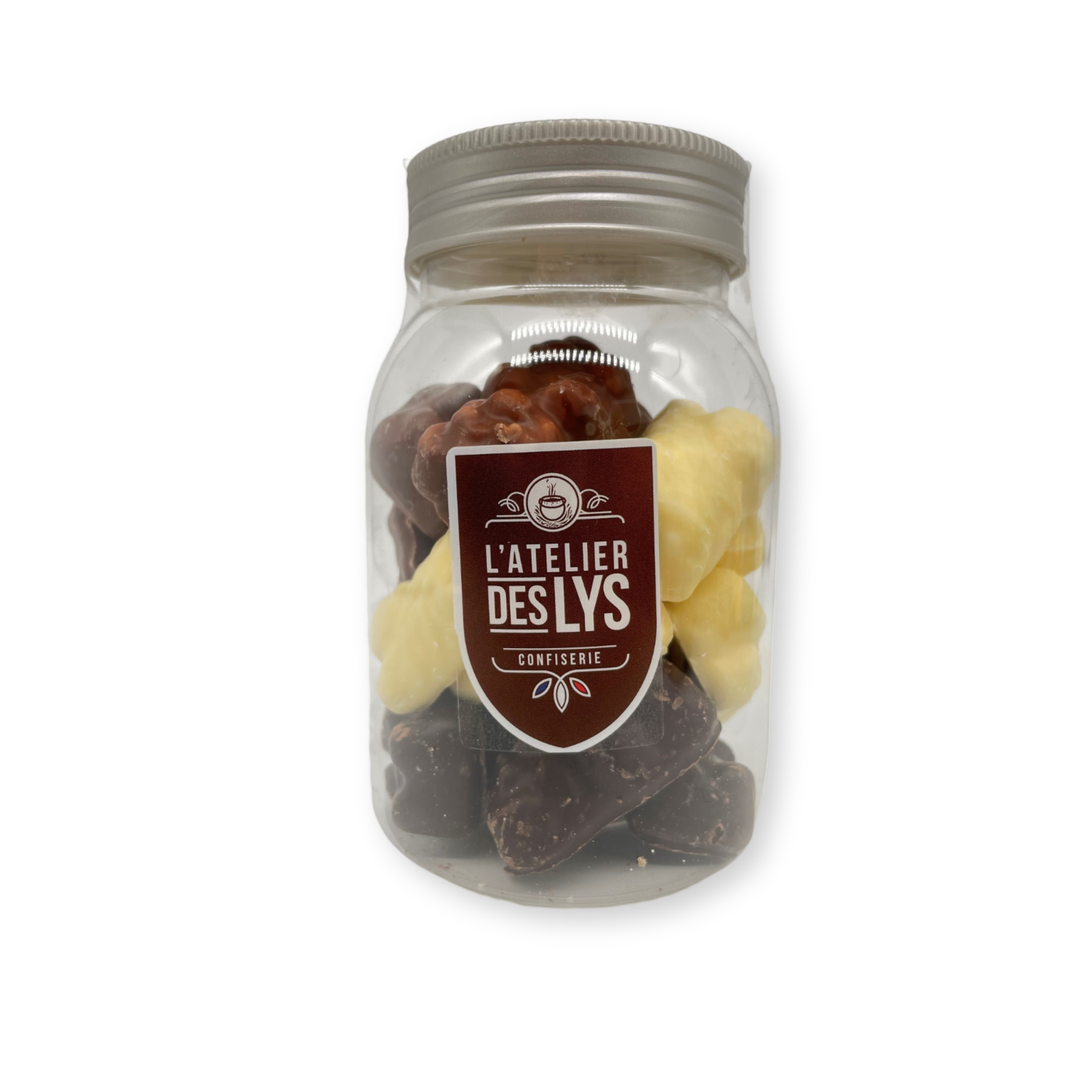 L'Atelier des Lys - Vendita all'ingrosso Dolci ricoperti di cioccolato - Orso 3 cioccolati Trio Latte, fondente, bianco in bonboniera0