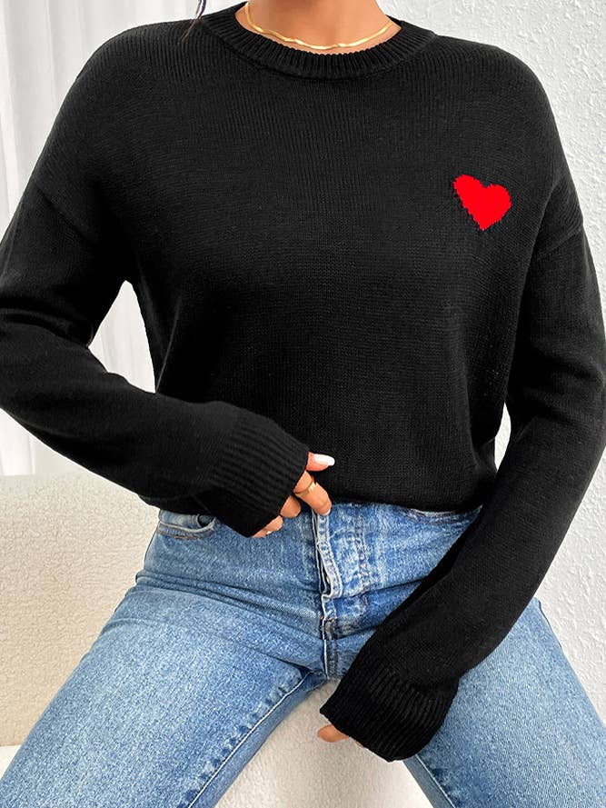 Red Heart Jacquard Black Knitting Pullover Sweater for wholesale by Comely Fashion