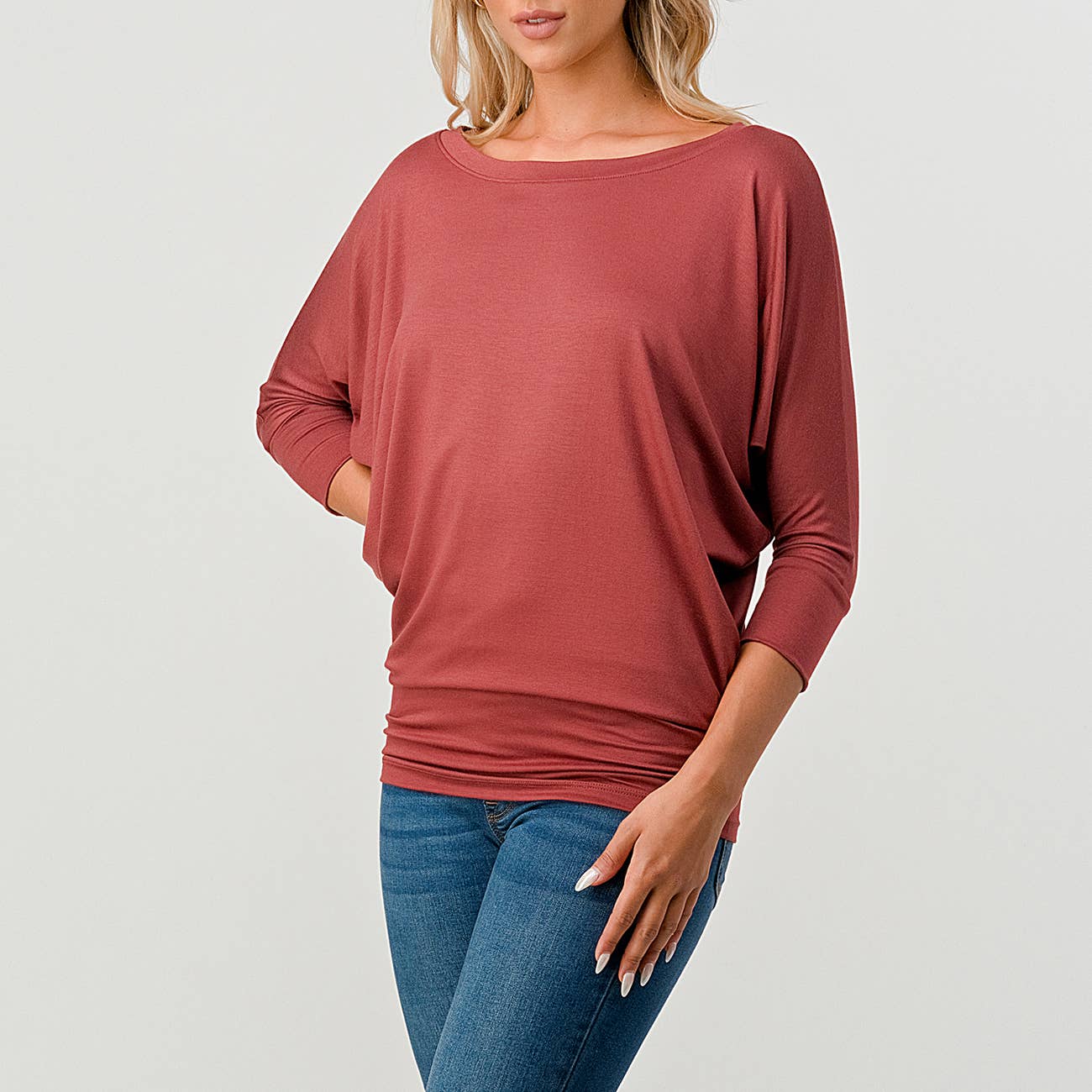 Heimious - Wholesale Knit Top - Women's - 3/4 Dolman Sleeve Round neck Modal Jersey  Top, 250325