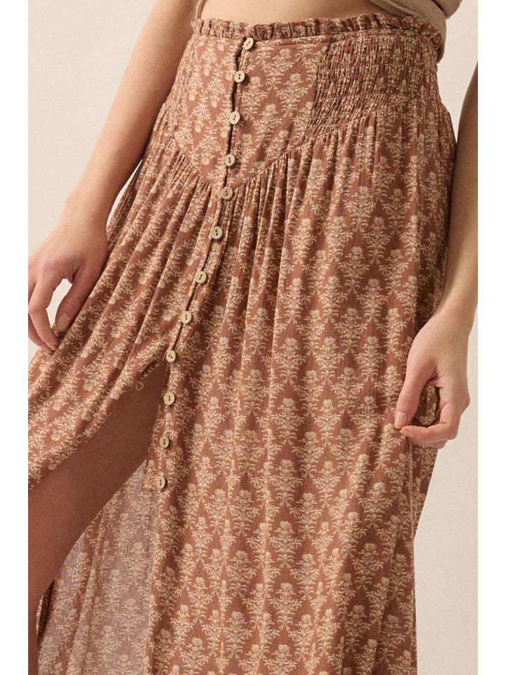 Promesa USA – Saia - Mulher por atacado – Saia Maxi Floral Ornada com Cintura com Botão e Frente7