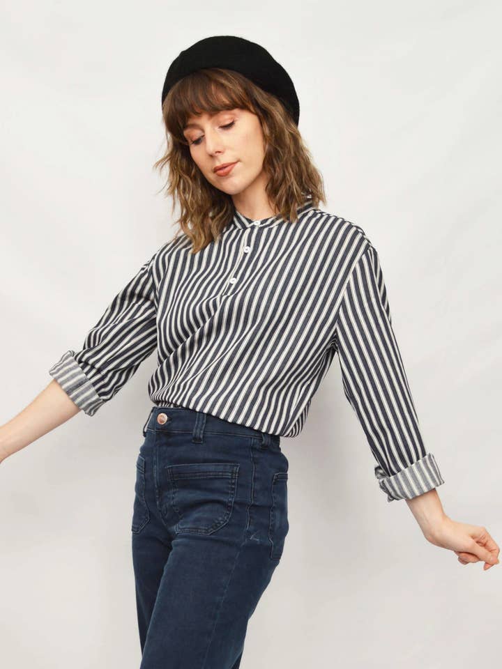 Gestreepte Haringbeen Werkoverhemd Marineblauw voor wholesale door Wolf Clothing Collective Ltd