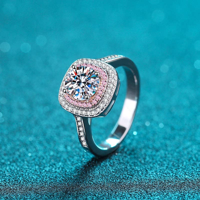 Perimade & Co. LLC - Wholesale Engagement Ring - Pink Halo Moissanite Engagement Ring in 925 Sterling Silver
