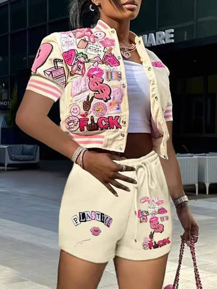 Flarix - Wholesale Top & Short Set (NOT Loungewear) - Women's - letter graphic pattern baseball top shorts set5