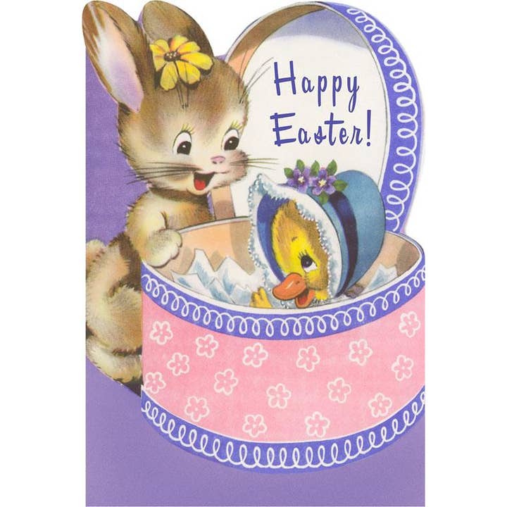 Greeting Card EA-107 Happy Easter, Duckling in Hat Box for wholesale by Found Image Press