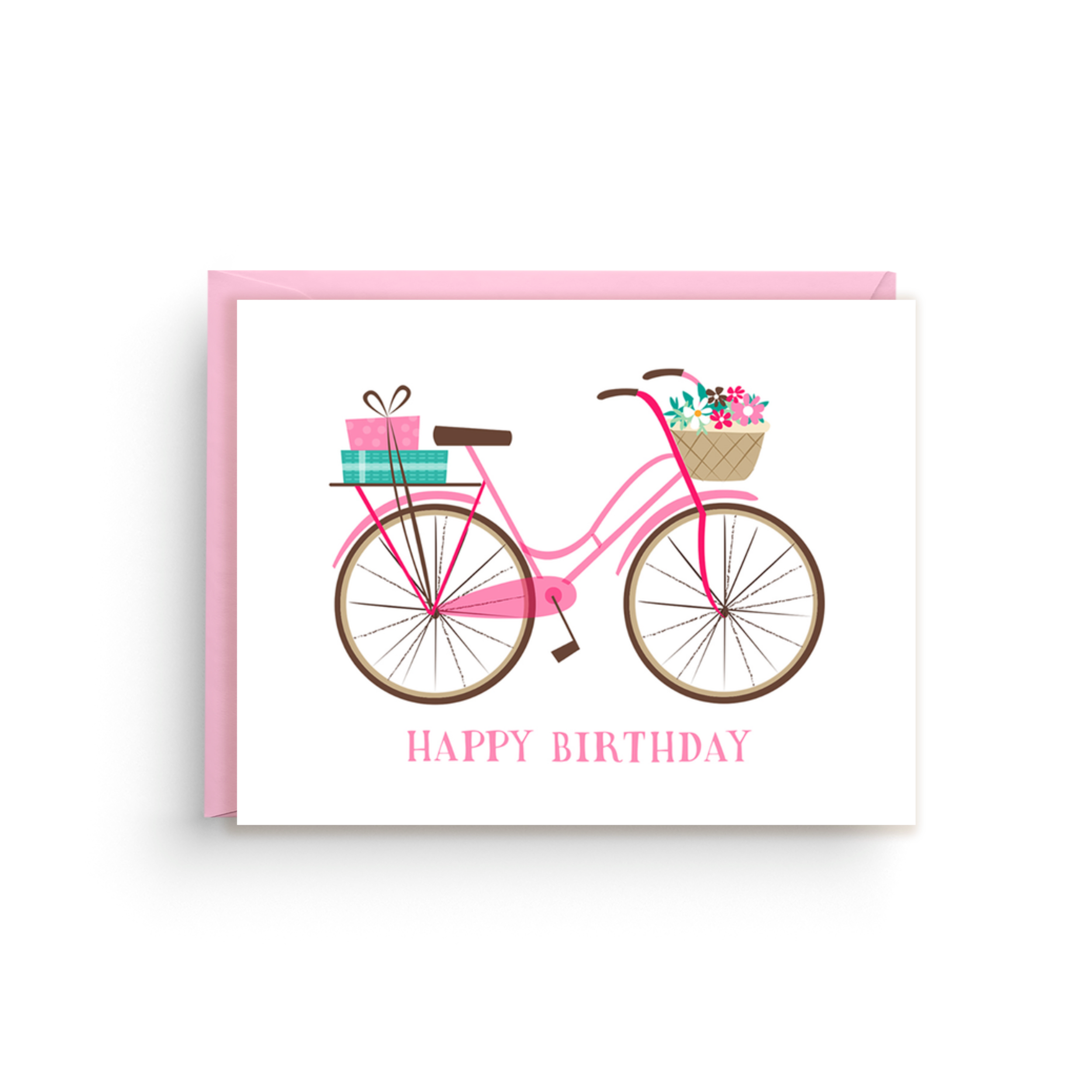 Nicole Marie Paperie – postal de parabéns por atacado – Cartão de Aniversário - Bicicleta Cor-de-Rosa com Flores e Presentes1