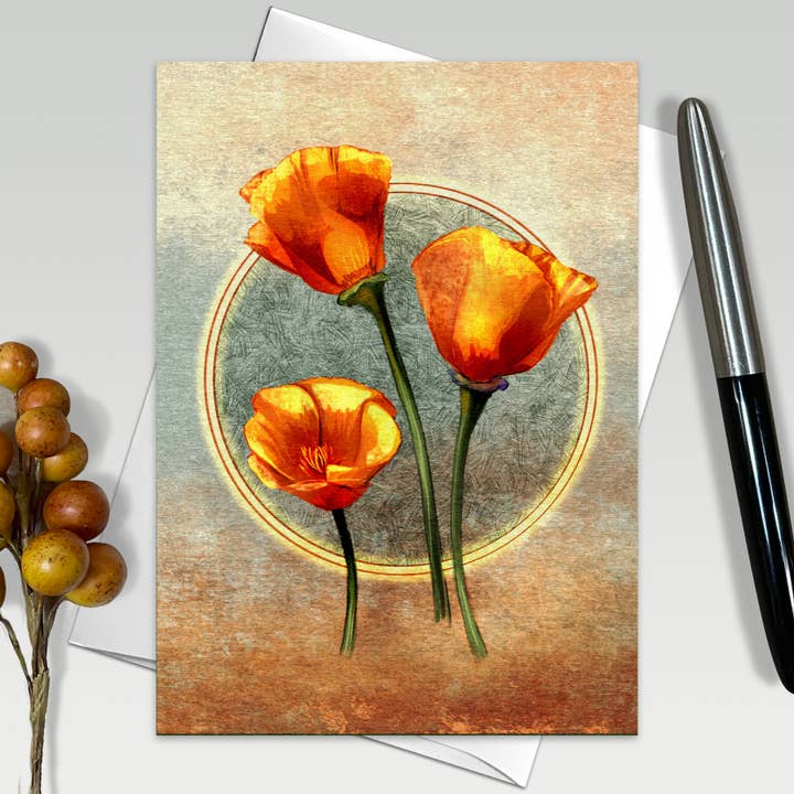 California Poppies Flower Greeting Card, 5x7" w/Envelope for wholesale by Coreyartus Imagery