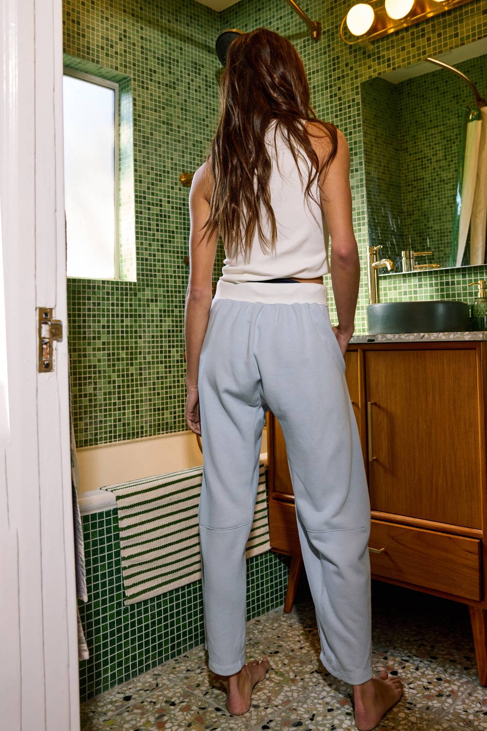 Sky blue P5657A Drawstring Solid Barrel Silhouette Pants for wholesale on Faire8