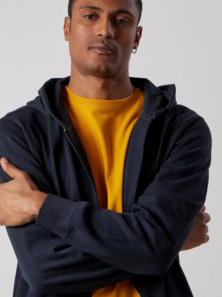 Blue Brushed sweatshirt with hood and zip in organic cotton for wholesale on Faire