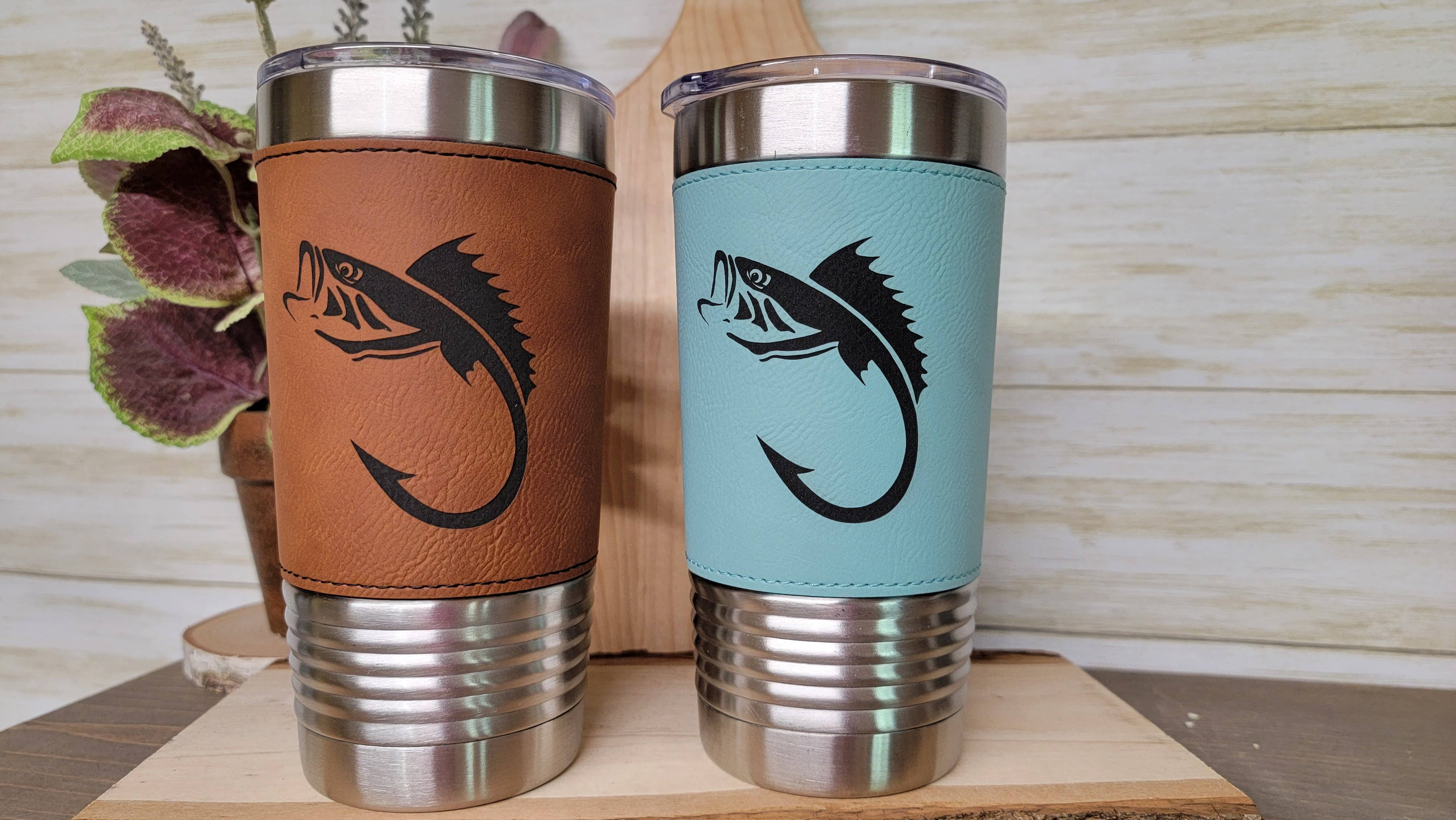 Clack Design - Wholesale Insulated Mug/Tumbler - Fishing Leather Tumbler. Bass and Hook Fishing Engraved Cup.5