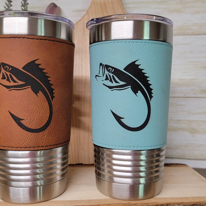 Clack Design - Wholesale Insulated Mug/Tumbler - Fishing Leather Tumbler. Bass and Hook Fishing Engraved Cup.5