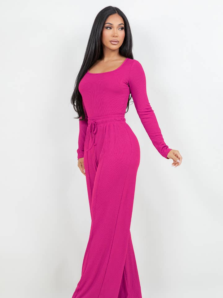 Slinky long sleeve bodysuit with flare pants fashion set for wholesale by Color 5