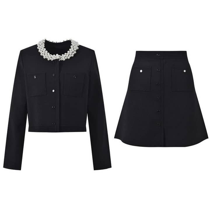 Completo maglia nera con colletto di perle e gonna SET97. per la vendita all'ingrosso da parte di Productseeker
