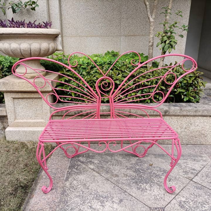 Pink Metal Butterfly Bench: Enchanting Outdoor Charm for wholesale by Hi-Line Gift Ltd.