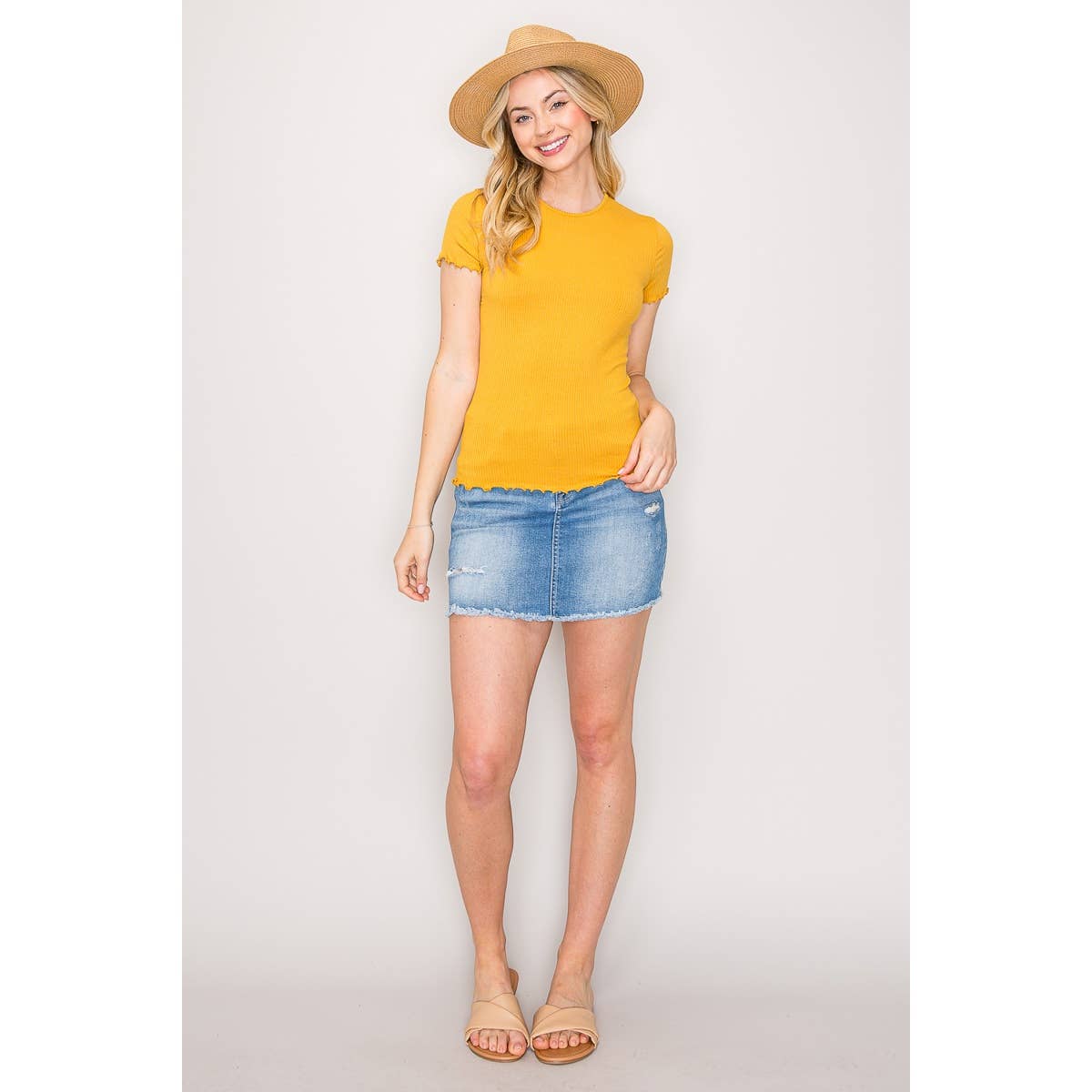 Popular 21 - Wholesale Knit Top - Women's - Short Sleeve Lettuce Hem Crew Neck Rib Knit Tee9