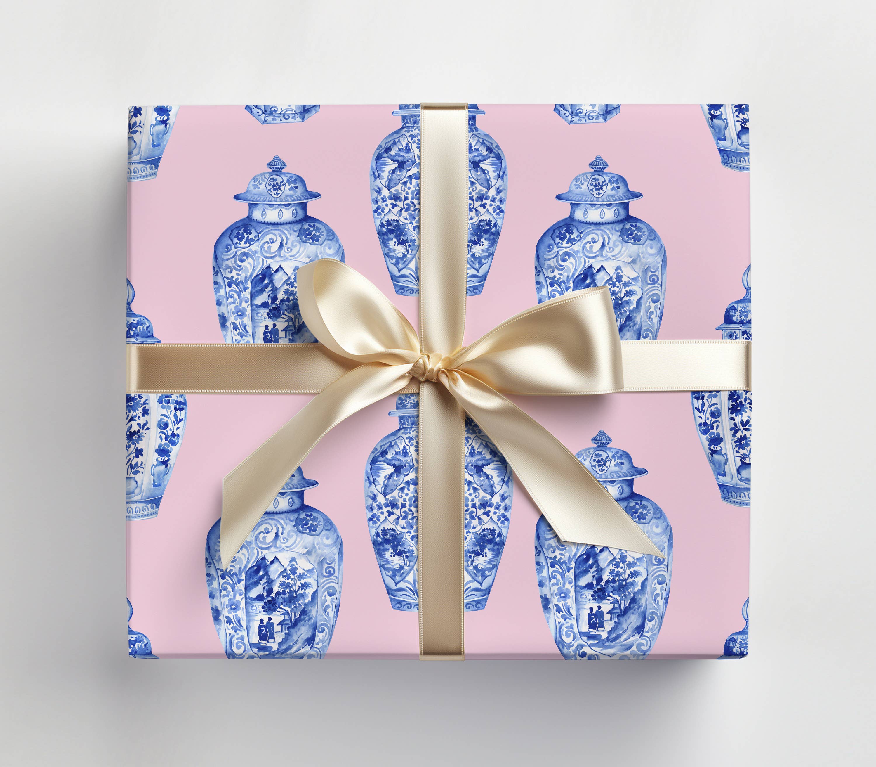 JOSIL Paperie & Gift – wholesale Wrapping paper roll – Pink Ginger Jar Gift Wrap – Blue & White Chinoiserie Paper