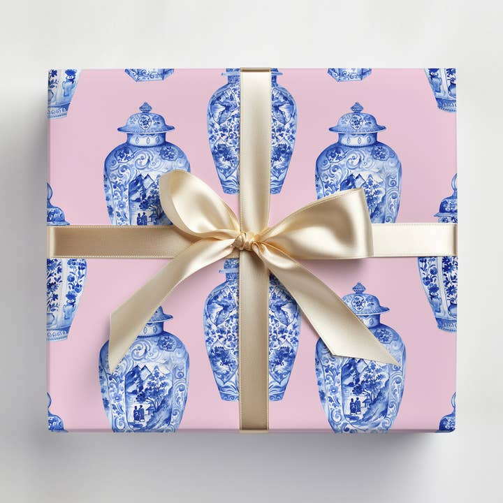 Pink Ginger Jar Chinoiserie Gift Wrap – Matte 20″×29″ Sheets for wholesale by JOSIL Paperie & Gift