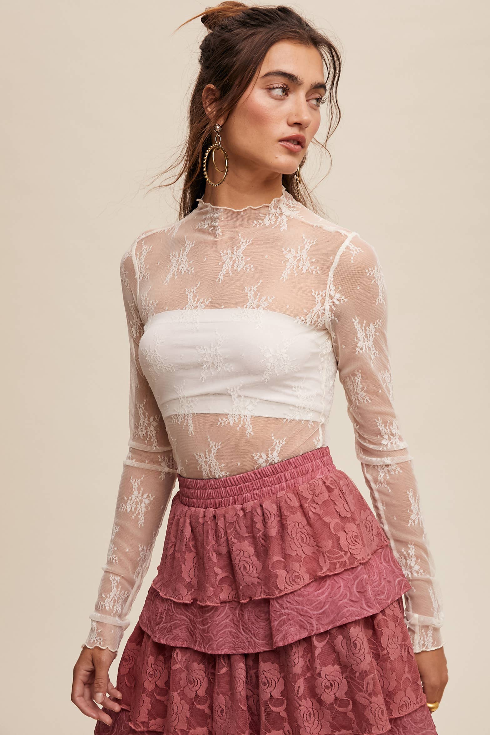 Listicle - Wholesale Blouse - Women's - Sheer Lace Long-Sleeve Top65