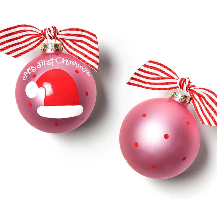 Pink My First Christmas Hat Glass Ornament for wholesale by Coton Colors