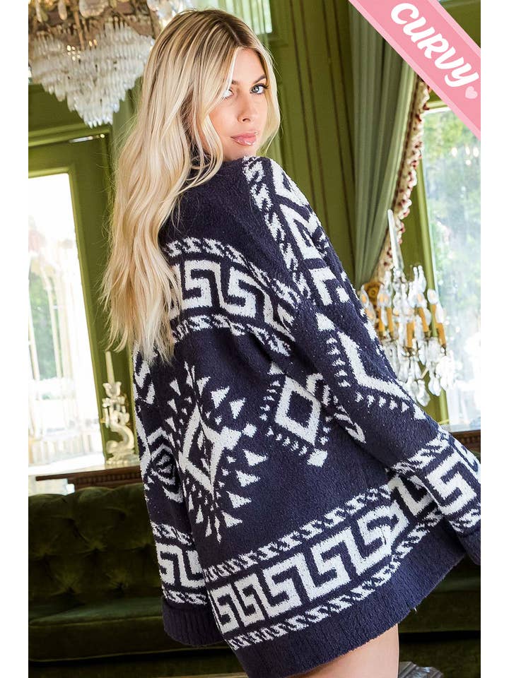 Sweet Lovely by Jen - Wholesale Cardigan - Women's - PLUS SIZE AZTEC PRINT SUPER SOFT COZY SWEATER KNIT CARDIGAN2