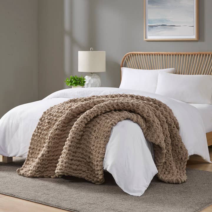Olliix - Wholesale Throw Blanket - Handmade Chenille Chunky Knit Throw 50x60", Brown