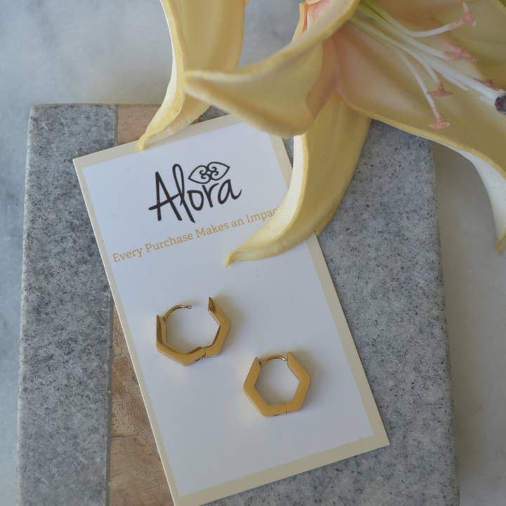 Alora Boutique Inc. - Wholesale Huggie Earrings - Kelly | Simple Hexagon Huggie Hoop Earrings2