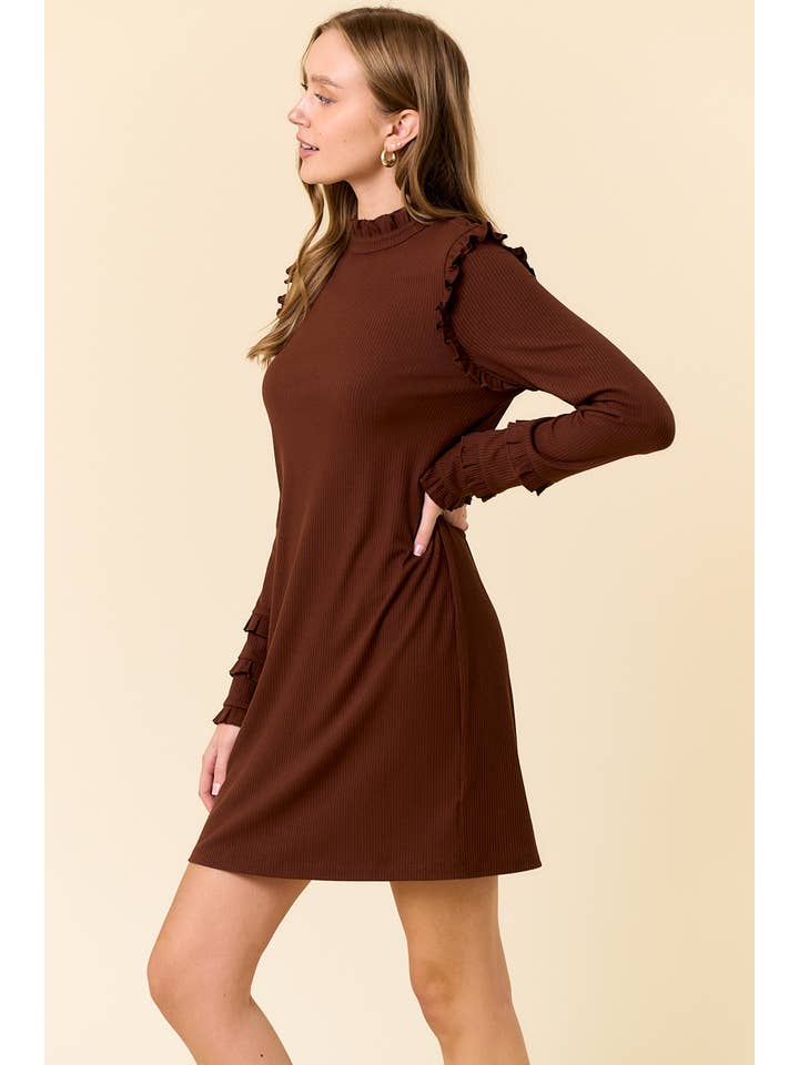 ESPRESSO Rib Knit Ruffled Mock Neck Long Sleeve Mini Dress - 27830D for wholesale on Faire2