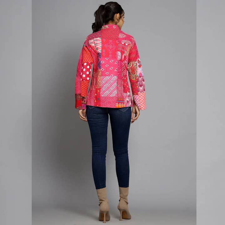 Pink Handmade Women's Reversible Kantha Jacket Hippie Coat for wholesale on Faire4
