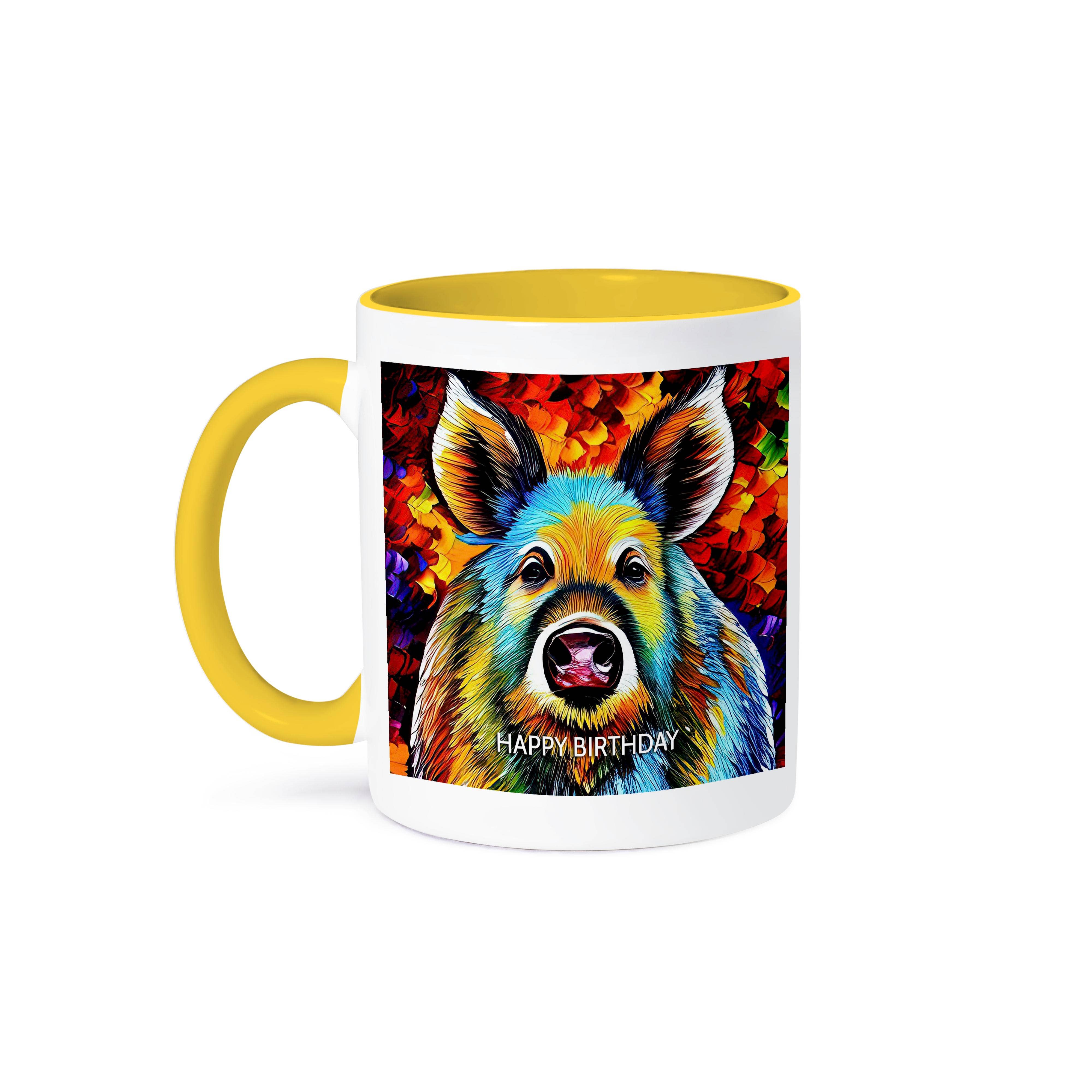 3dRose - Wholesale Coffee Mug - 3dRose, Happy Birthday. Colorful digital painting of wild boar. Funny card, Mug0