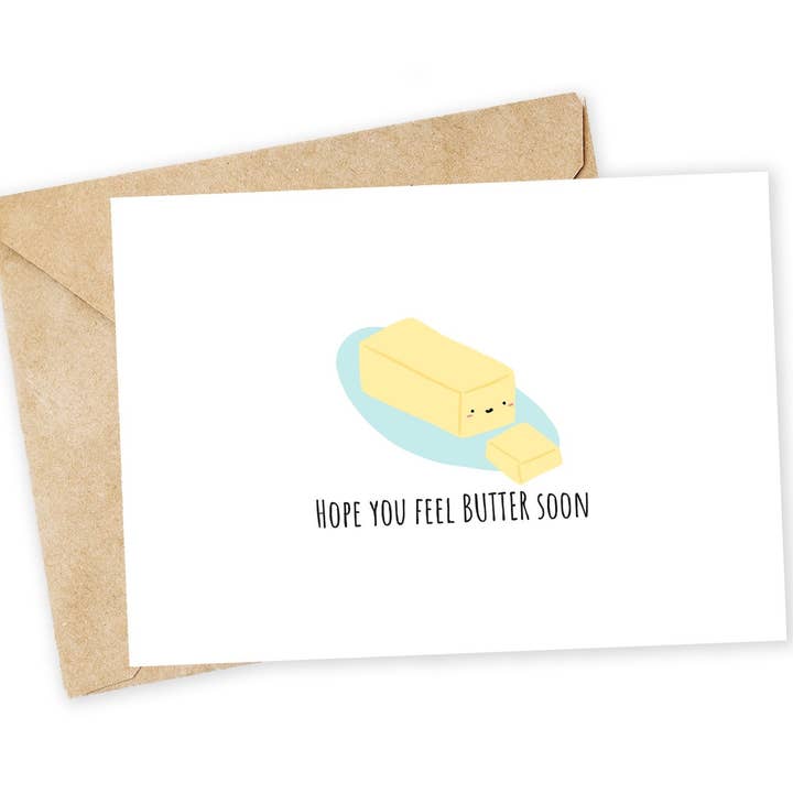 Feel Better Greeting Card: Funny Butter Pun Condolence Note for wholesale by Chewy Lemon Studio