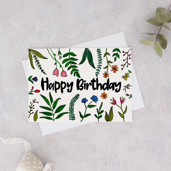 Happy Birthday, Birthday Card, Watercolour Birthday Card, Botanical Birthday Card, Floral Birthday Card for wholesale by Wild Juniper Art Studio