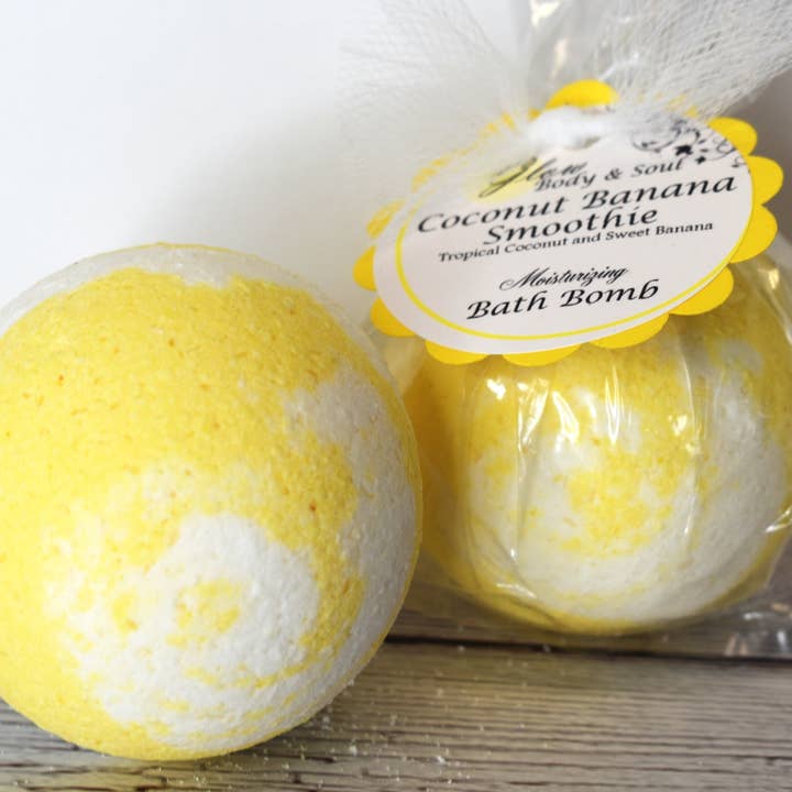 Coconut Banana Smoothie Bath Bomb Fizzy for wholesale by Glow Body and Soul