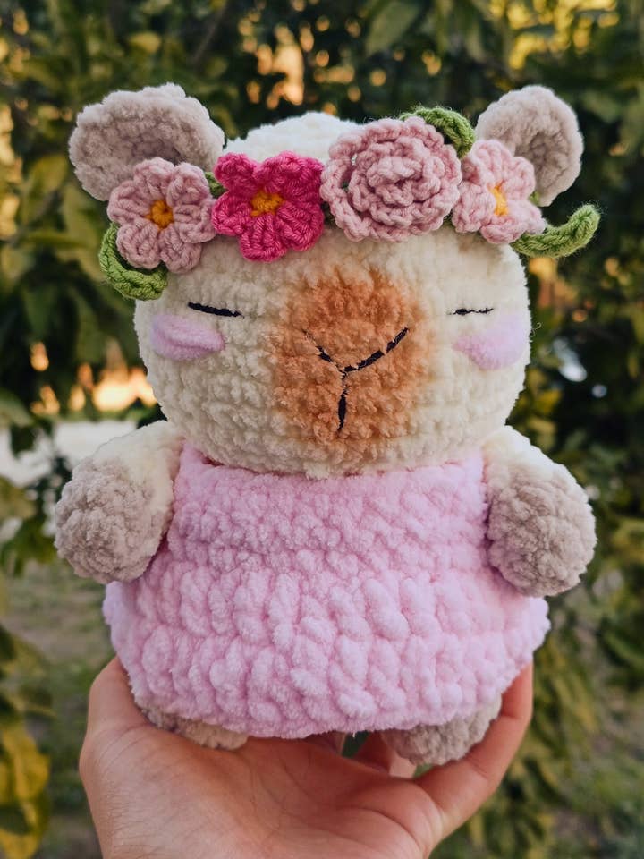 Flower Crown Capybara Plush in Pink Dress – Handmade Doll for wholesale by KLABELGIFT