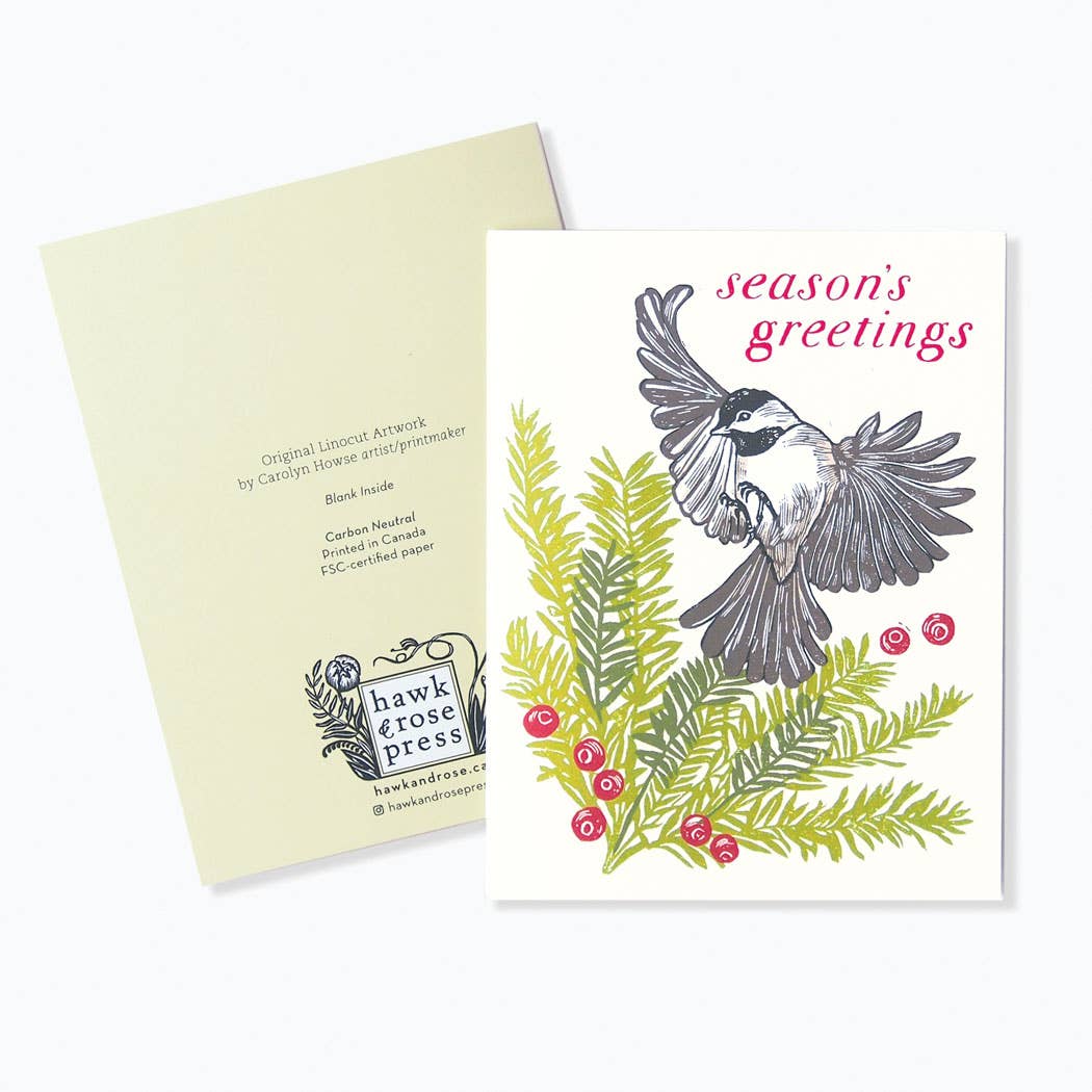 Hawk and Rose Press - Vente Cartes de vœux saisonnières - Carte de vœux vintage en linogravure 'Mésange & Mélèze'2