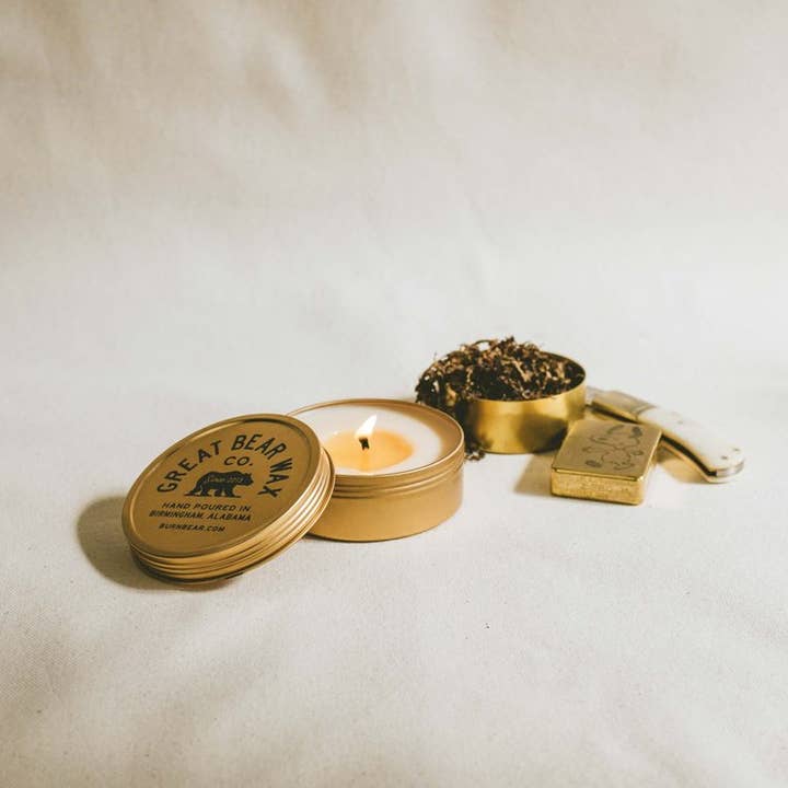 Tobacco Bay Traveler Candle 4 oz Tin for wholesale by Great Bear Wax Co.