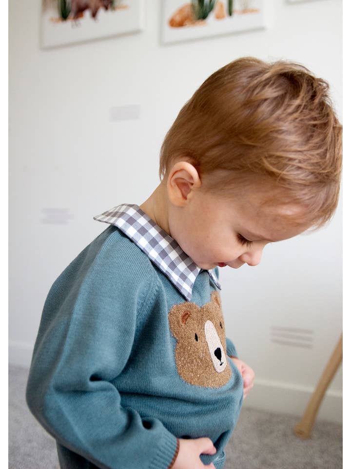 Teal Blue Bear Check Collar Pullover Baby Sweater (Organic Cotton) for wholesale on Faire