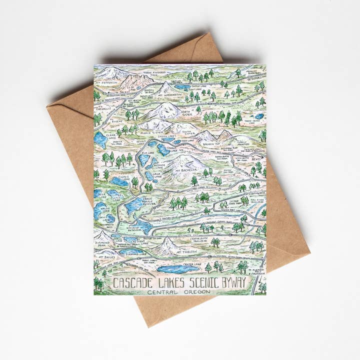 Carte de vœux de la route panoramique des lacs Cascade Oregon pour la vente par Hiker Booty