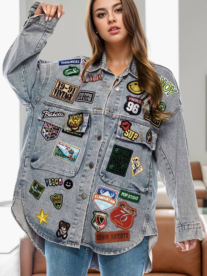 Embroidered Patch Button Up Long Sleeve Denim Jacket for wholesale by Blak Wardrob