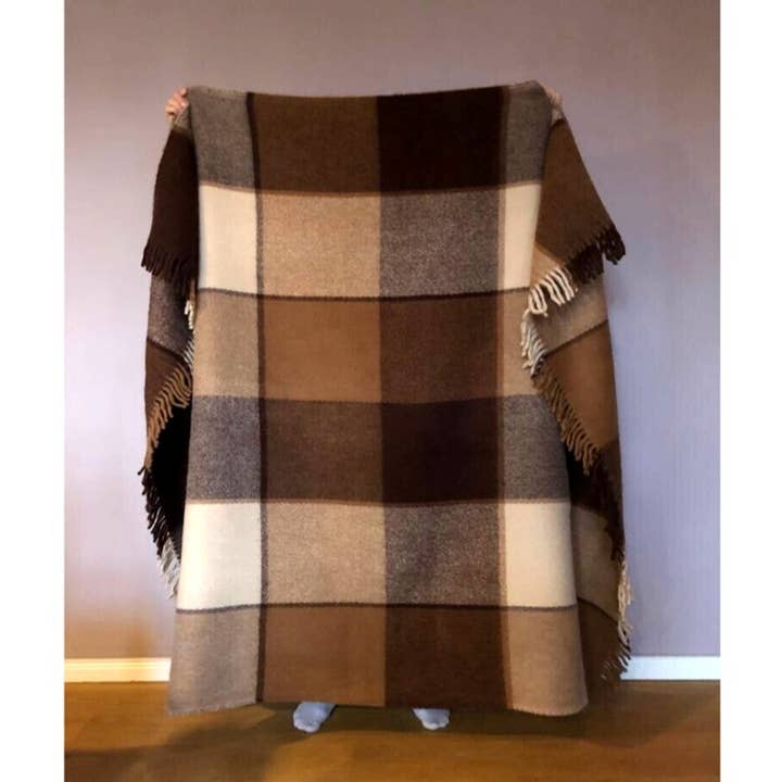 100% Lamb Wool Blanket Plaid Check Tartan, Chocolate Brown 175x210cm for wholesale by WoolOnly
