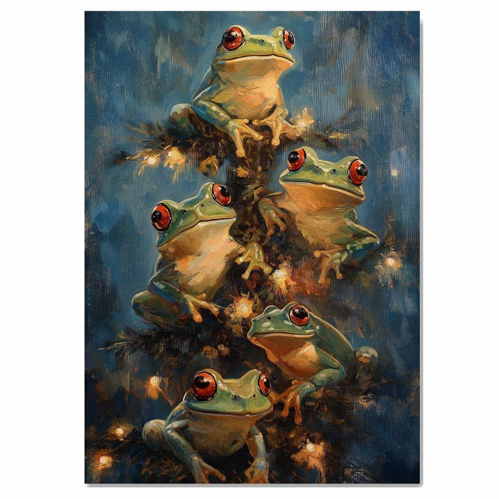 Christmas Frogs in Tree Lights Red Eyed Holiday Scene Canvas for wholesale by Art Paradise Studios