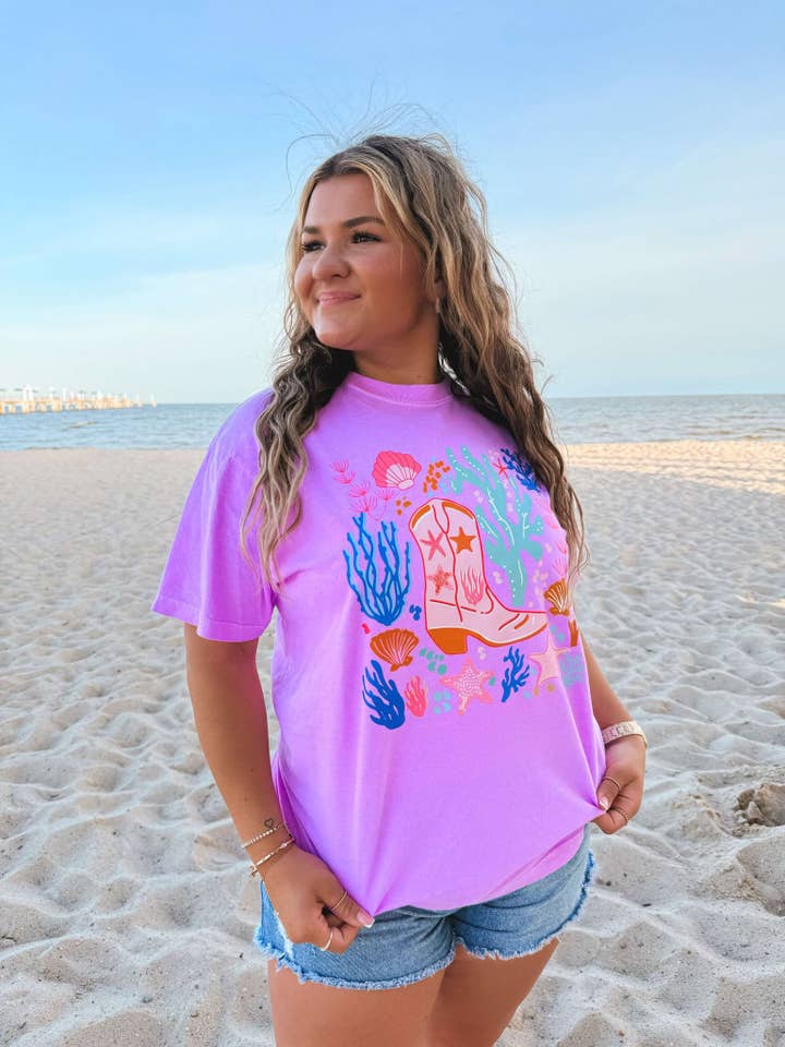 Neon Violet Coastal Coral Boot Beachy Graphic Tee for wholesale on Faire